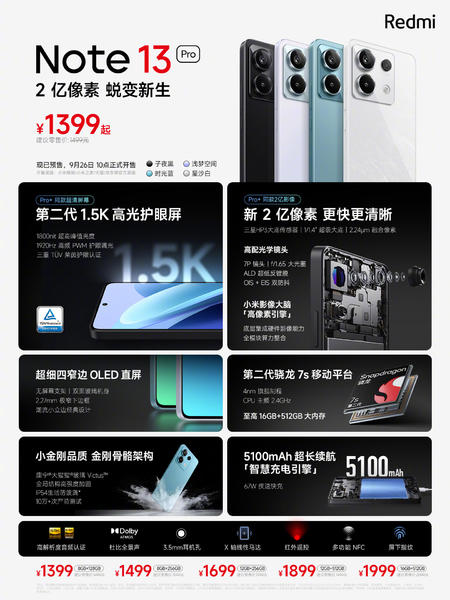 红米发布 Redmi Note 13 系列新机，Pro版首销1399元起