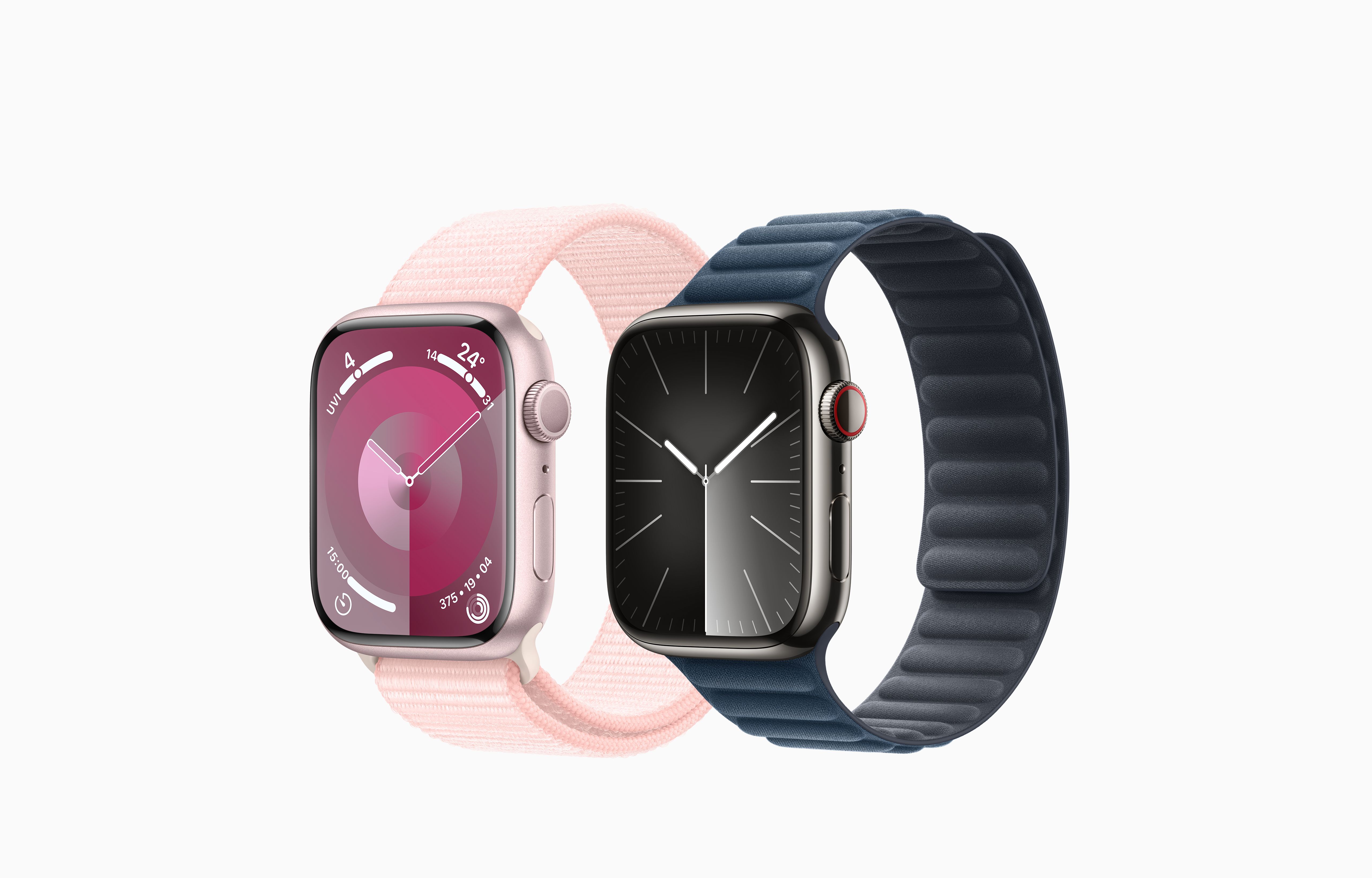 Side-by-side comparison of Apple Watch models, Pink Aluminium case with matt finish, Graphite (dark grey) Stainless Steel case with shiny finish
