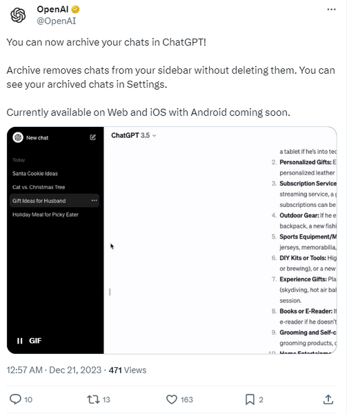 ChatGPT's chat conversation history can be saved!